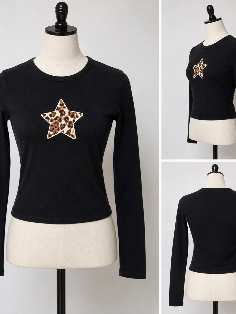 Aeropostale Seriously Soft Baby Tee XS Black Leopard Star Long Sleeve Y2K